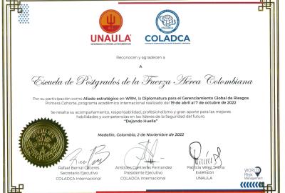 Reconocimiento a la Escuela de Postgrados de la FAC por parte de la Comunidad Internacional de Gestión de Riesgos y Seguridad (COLADCA) y la Universidad Autónoma Latinoamericana (UNAULA)